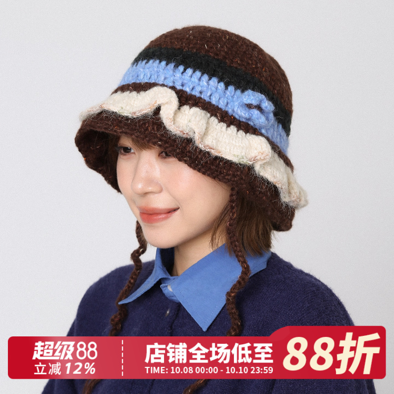 民族风卷边拼色针织帽花朵渔夫帽秋冬新款女毛线帽飘带显脸小盆帽