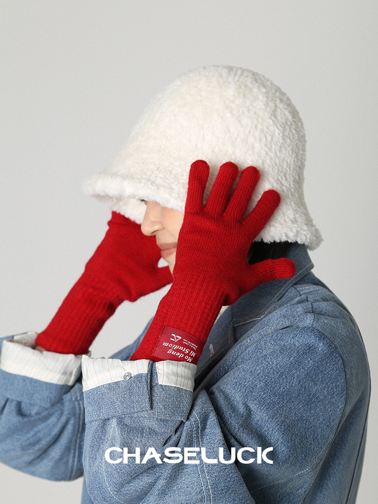 新年新款红色针织羊毛触屏手套