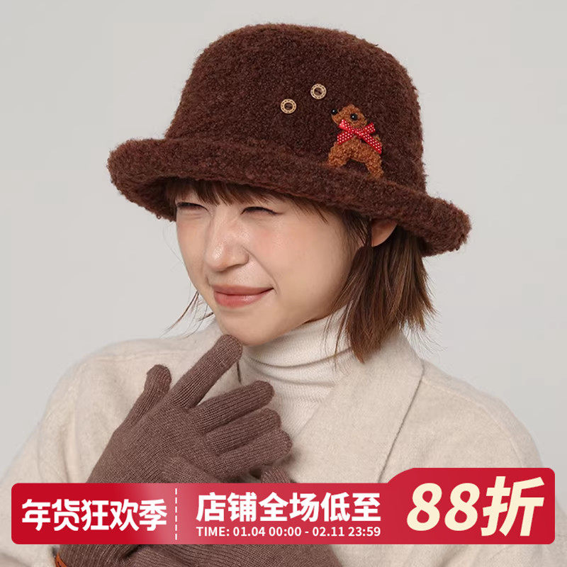 小狗蝴蝶结咖色渔夫帽短檐卷边女秋冬新款保暖护耳毛线帽遮阳盆帽,服饰配件/皮带/帽子/围巾,帽子,淘宝优惠券,粉丝福利购,淘宝优惠卷