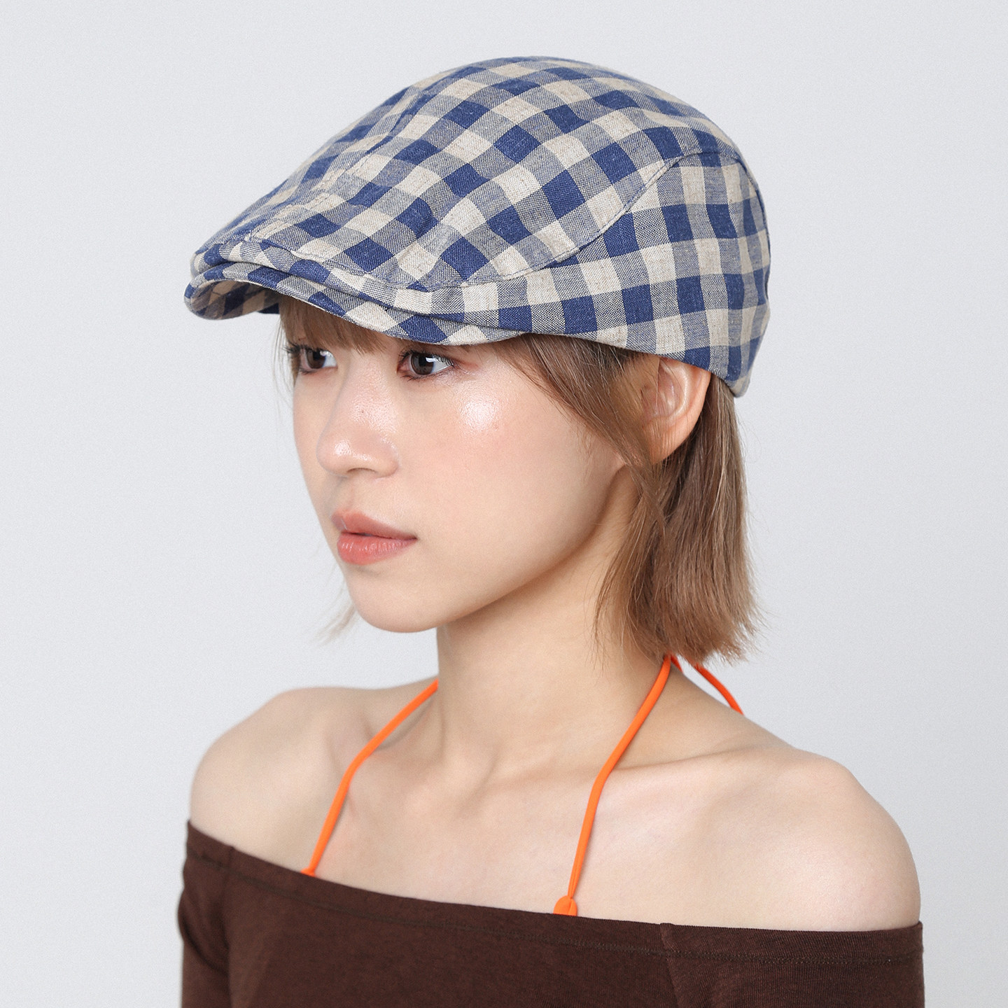 亚麻薄款格子前进帽女夏季新款图片