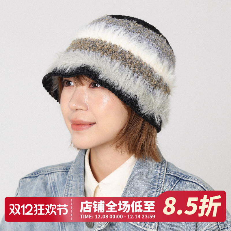 毛绒拼色针织包头帽护耳毛线帽