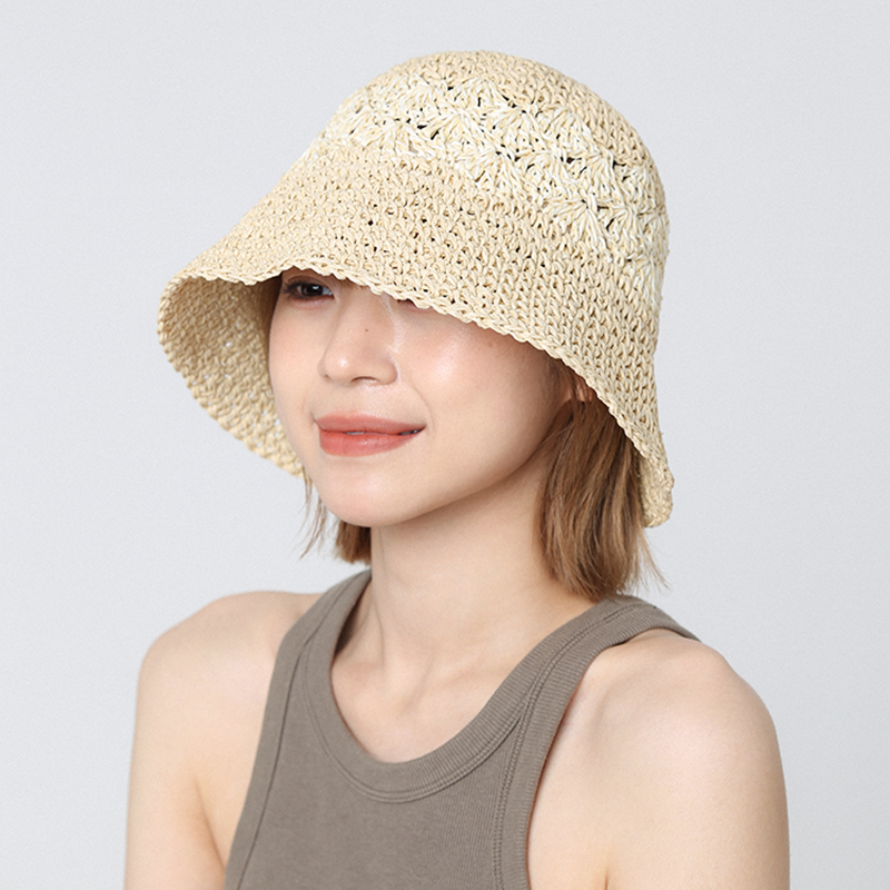 日系编织花纹拼色草帽女夏季新款