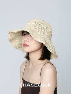 海邊漁夫帽編織太陽帽拉菲草手工草編帽 草帽女度假防曬遮陽帽夏季