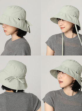 日系抽绳蝴蝶结渔夫帽女夏季薄款透气防晒遮阳速干显脸小绿色盆帽