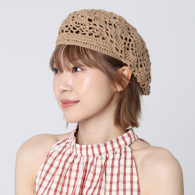时尚镂空手工编织钩花优雅贝雷帽