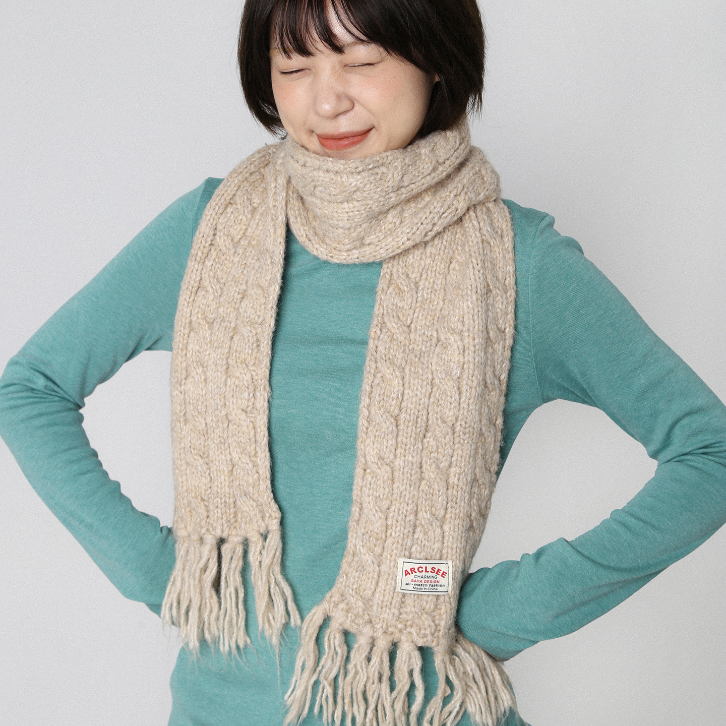 韩系氛围感卡其色毛线针织围巾
