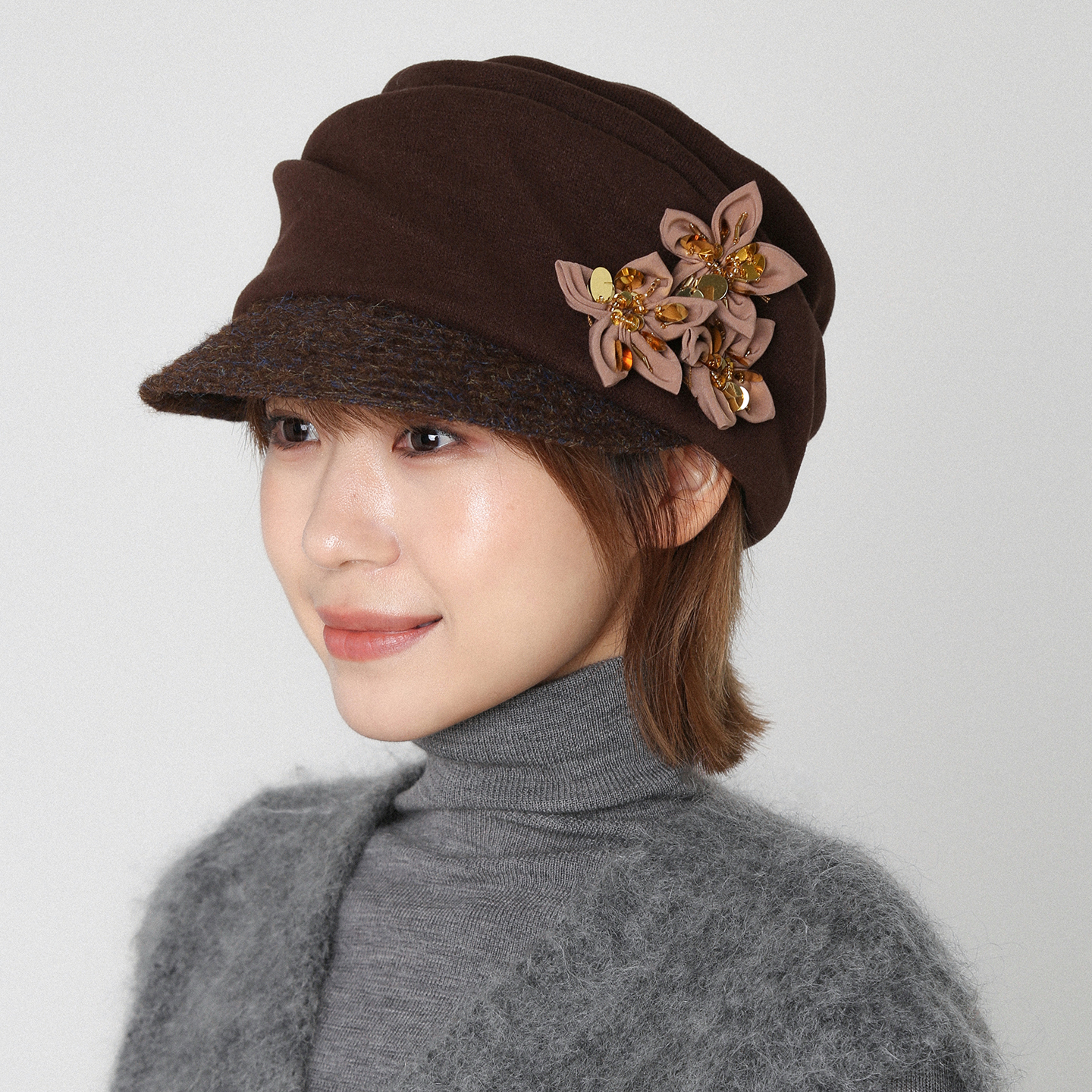 复古咖色针织帽堆堆帽花朵鸭舌帽