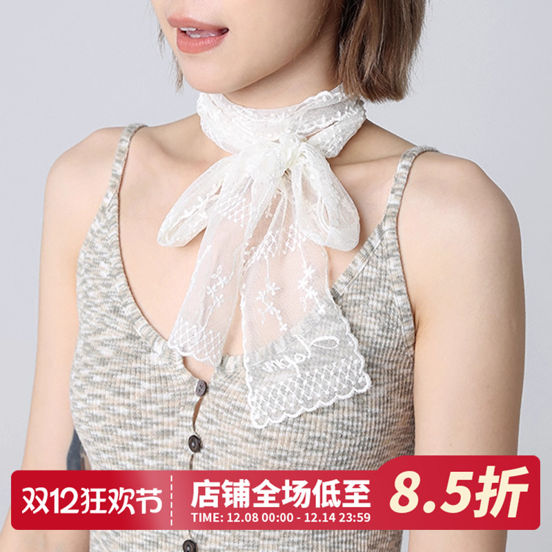 法式白色花朵蕾丝长条丝巾新围巾