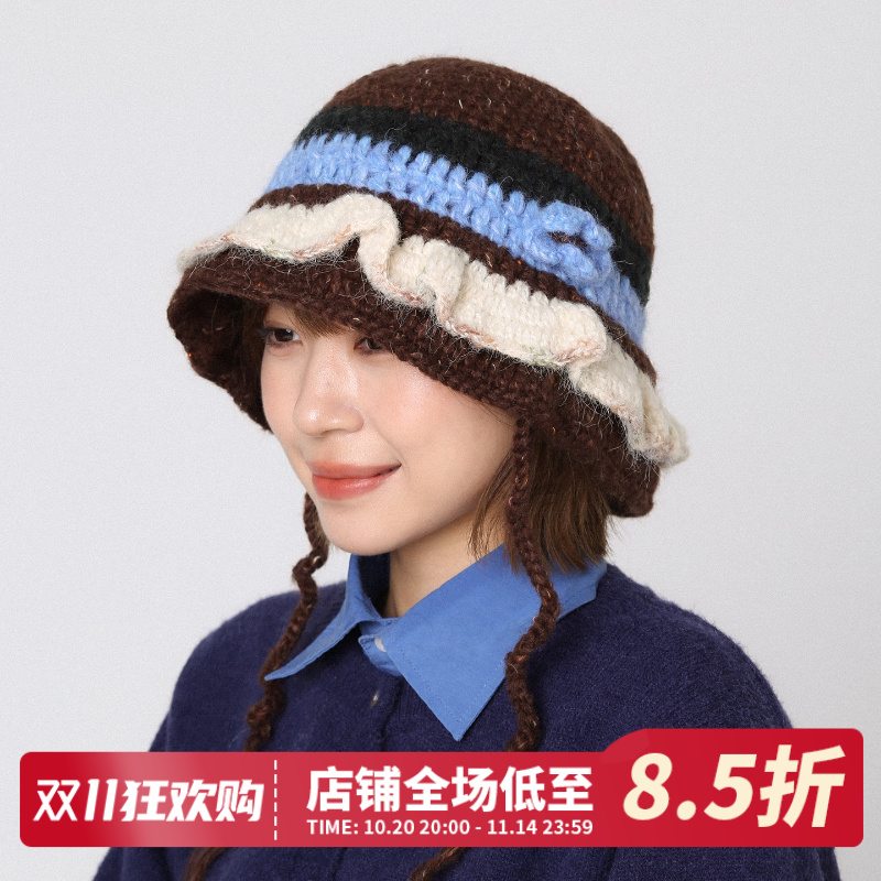 民族风卷边拼色针织帽花朵渔夫帽秋冬新款女毛线帽飘带显脸小盆帽