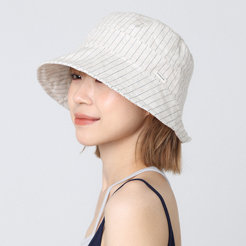 日系条纹白色亚麻渔夫帽女2026夏季新款大头围水桶帽遮阳防晒盆帽