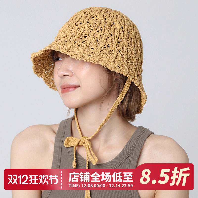 日系镂空针织蝴蝶结系带渔夫帽