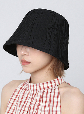 日系波纹黑色防晒渔夫帽女夏季新款百搭遮阳遮脸水桶帽大头围盆帽