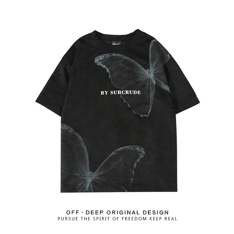 offdeep原创设计感潮牌高街蝴蝶印花麂皮绒短袖t恤女宽松黑色体恤