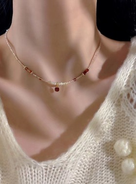 芒果mg饰品轻奢珍珠项链女轻奢小众高级感锁骨链红色新款爆款气质