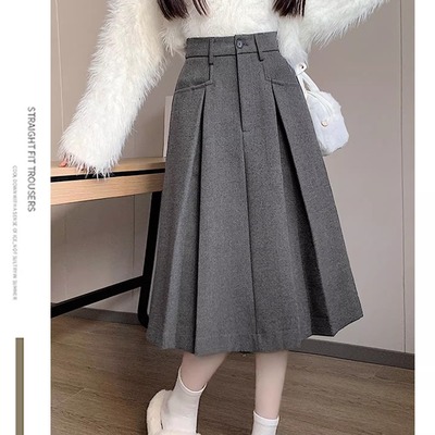 超好看冬装半身裙灰色百褶裙女