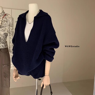 自在起居 松弛感羊毛大V领坑条针织衫短裤休闲套装女秋