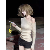 千金老钱风白色斜肩一字肩针织衫 韩系高级感露肩收腰上衣 女26春季