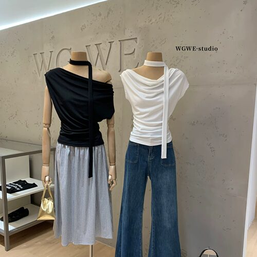 设计感斜领露肩抽褶挂脖T恤女夏