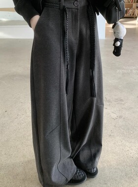 灰色休闲毛呢弯刀裤女秋冬加厚高腰宽松慵懒黑色阔腿休闲拖地长裤