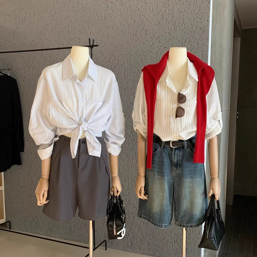 早秋翻领休闲条纹假口袋长袖衬衫