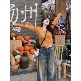 韩系橘色V领长袖针织衫女春秋独特漂亮毛衣内搭修身短款打底上衣