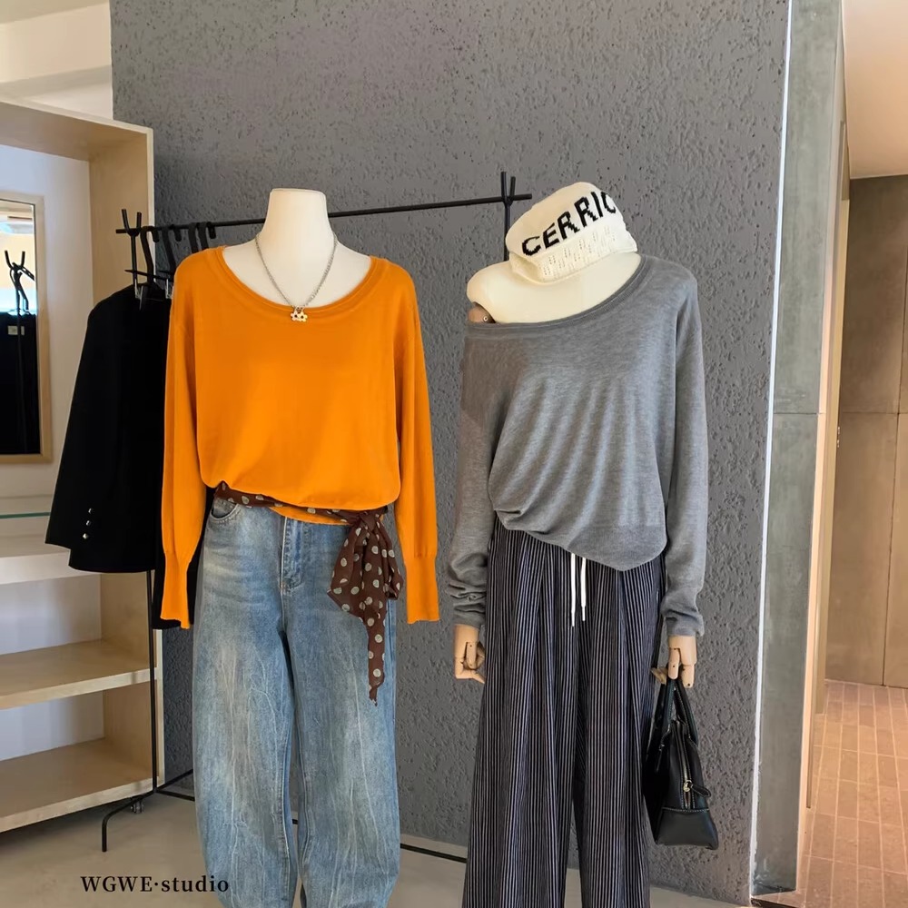 慵懒风设计感斜肩长袖针织衫