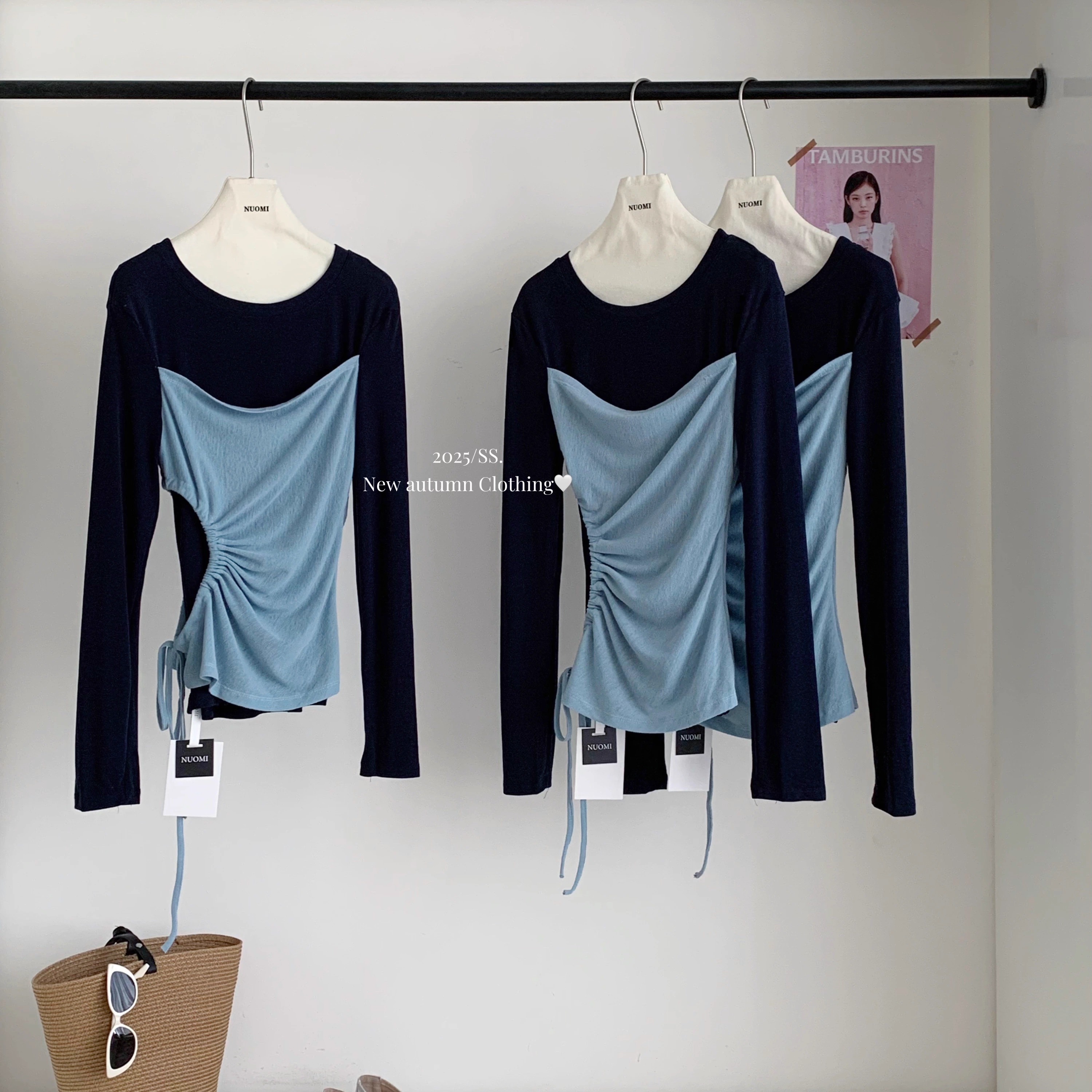 镂空抽绳褶皱t恤拼接假两件打底