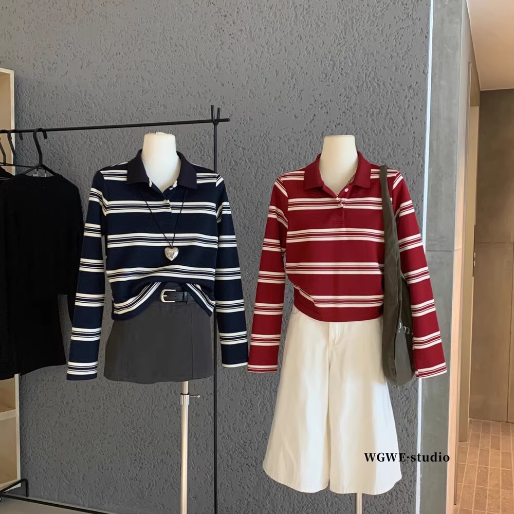 复古韩系条纹polo领长袖T恤女秋