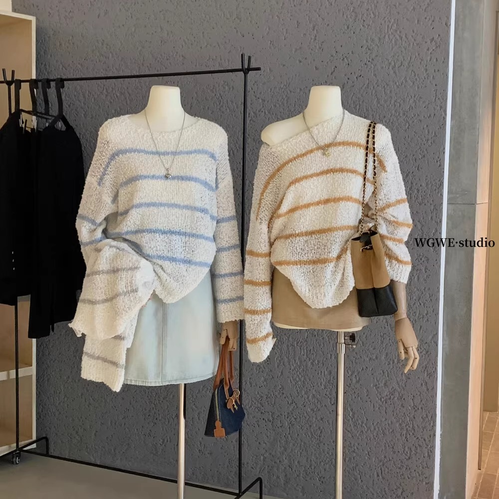 韩系慵懒风圆领条纹女2025年