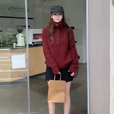 高领内搭加厚红色毛衣可外穿内搭