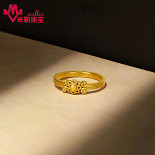 黄金古法花朵戒指女 足金999敦煌太阳花复古实心固口指环团花锦簇