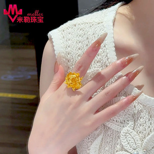 黄金牡丹花戒指女足金精工国潮时尚富贵牡丹花型指环活口婚庆三金