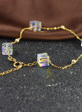 正品18k金黄金手链闪烁水晶au750