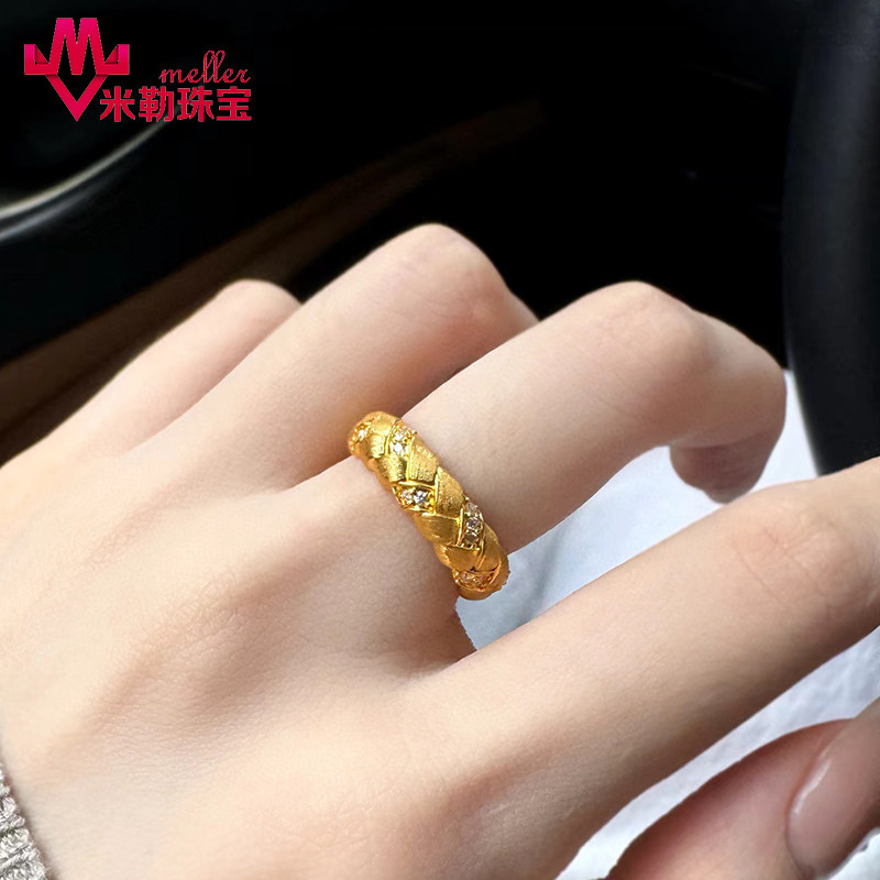 999足金点钻拉丝编制黄金戒指 5D无氰镶嵌轻奢时尚高级麻花指环