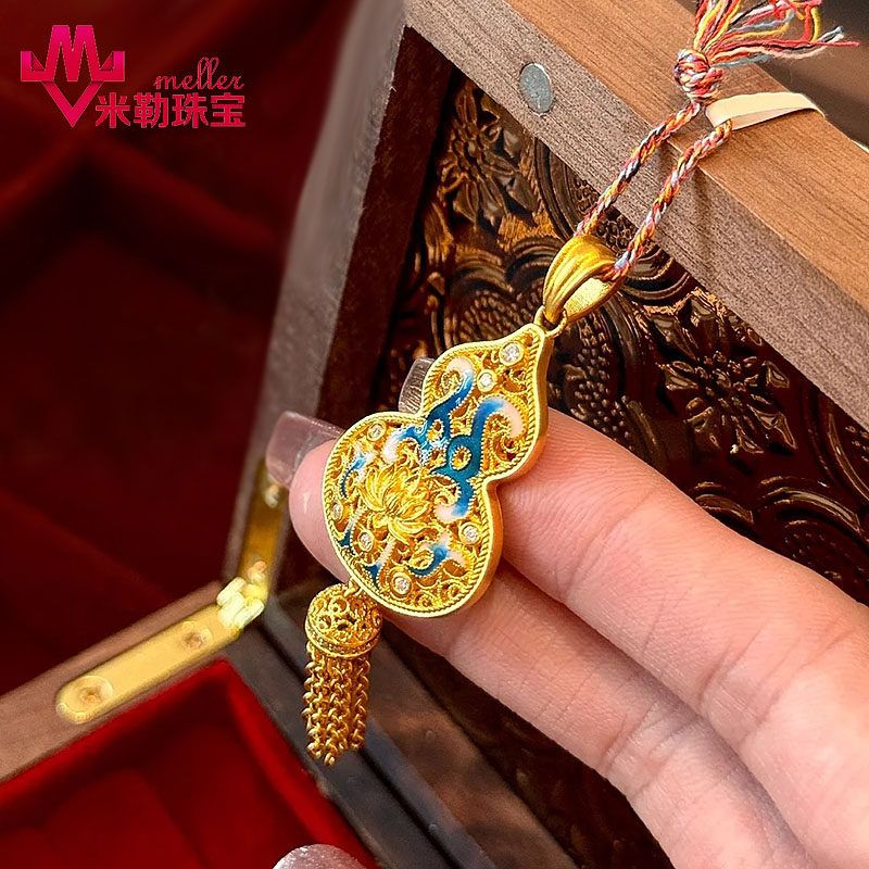 黄金烧蓝流苏葫芦吊坠女古法镂空莲花玲珑绣球中国风镂空福禄项坠