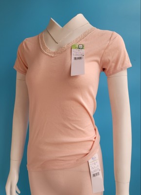 外贸日单蕾丝花边U领棉半袖棉混女T外穿内搭女上衣纯色打底女短袖