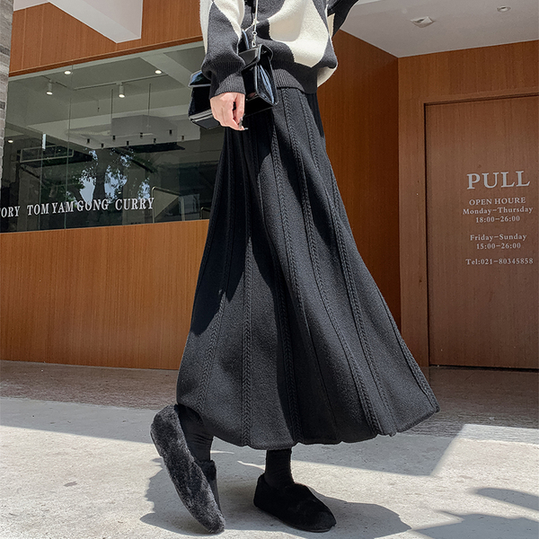 半身裙女2025新款 冬季 秋天中长高腰针织百褶裙子a字毛线半截裙厚