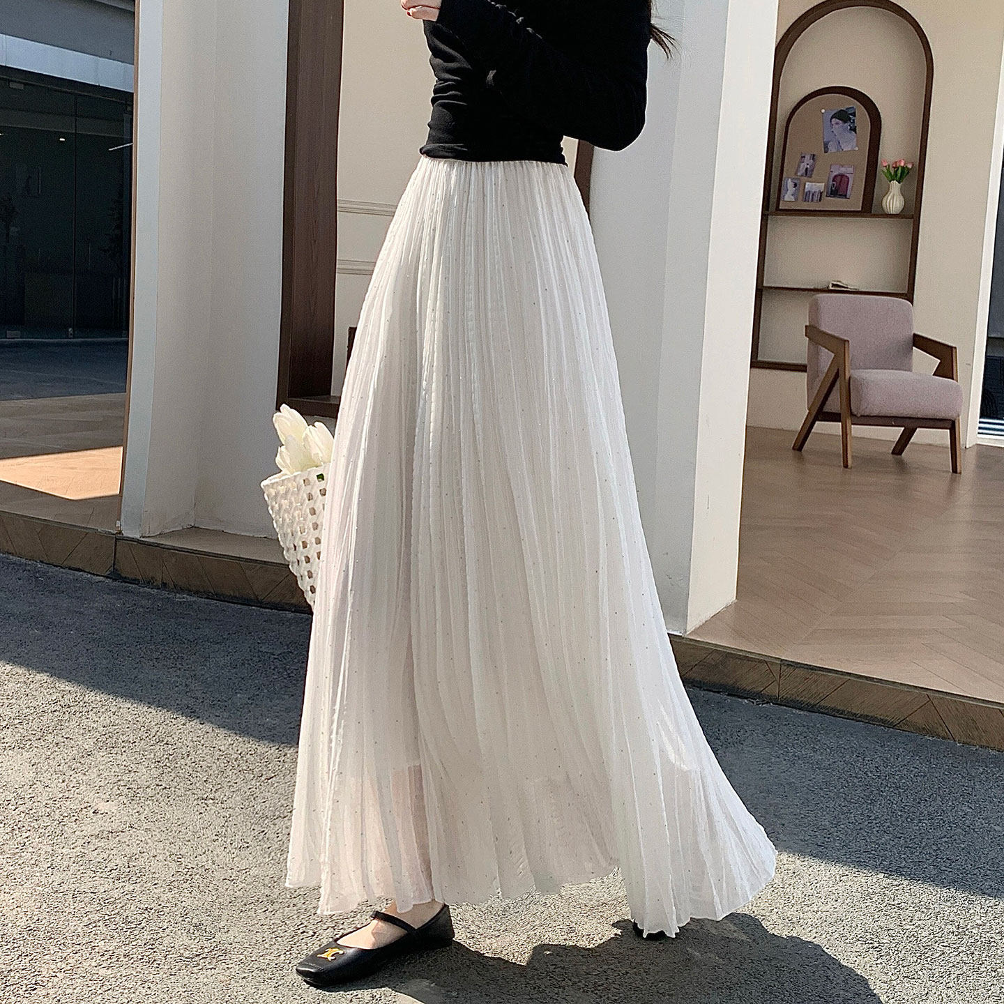 烫钻半身裙白色女2026新款夏季褶皱遮跨大摆长裙子a字雪纺百褶裙