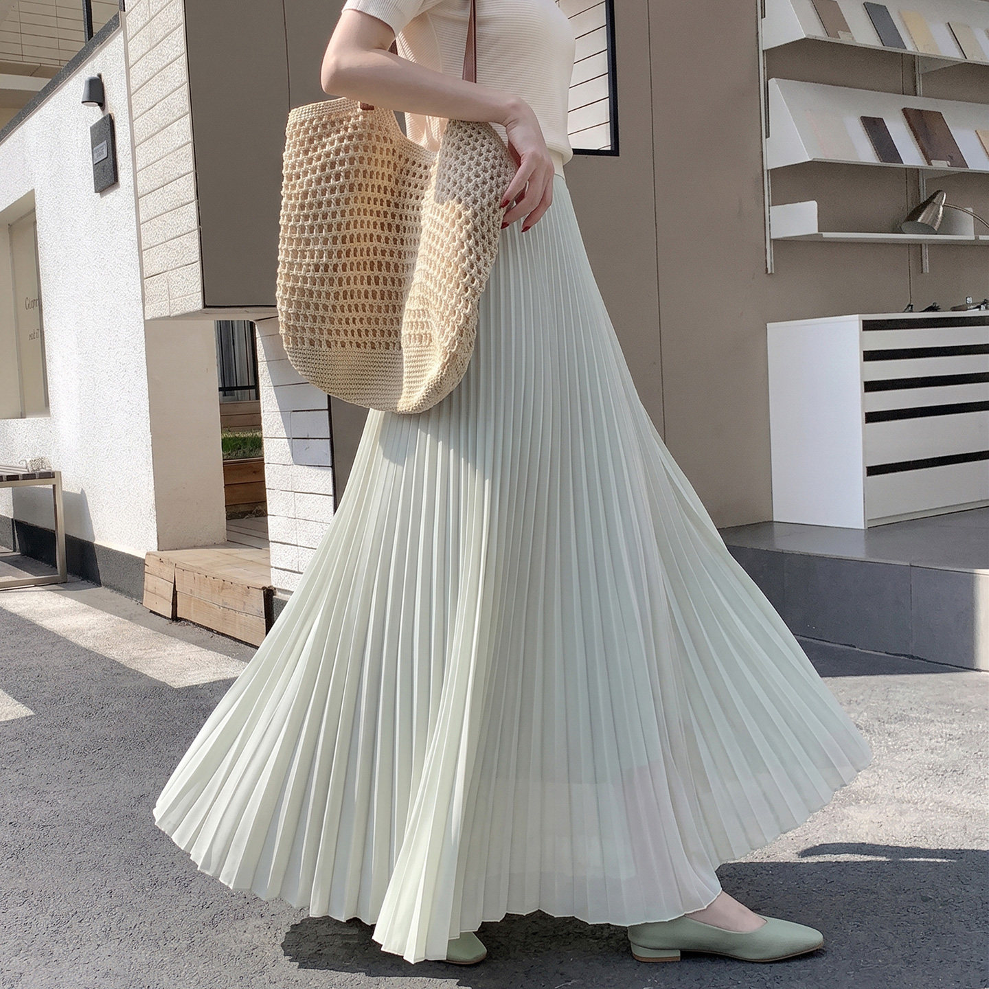 蓝色百褶裙半身裙女2026新款夏压褶风琴群垂感大摆半裙高个子加长