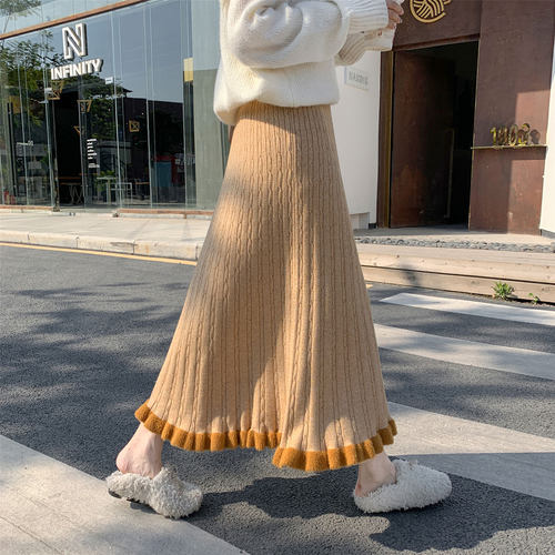 中长款针织半身裙秋冬季高腰毛线