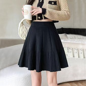 黑色短裙女外穿2025新款 秋冬小个子毛线a字裙伞裙百褶针织半身裙