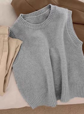 25春秋冬灰色圆领羊绒马甲女休闲宽松短款羊毛背心女外穿毛衣坎肩