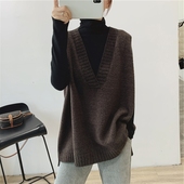 宽松中长款 秋冬韩国潮流时尚 大码 V领羊绒马甲背心女外穿羊毛坎肩