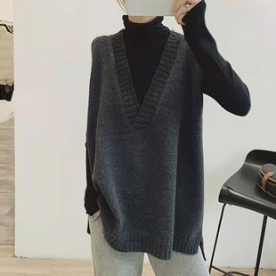秋冬韩版随性慵懒宽松大码加厚中长款V领羊绒马甲背心女毛衣坎肩