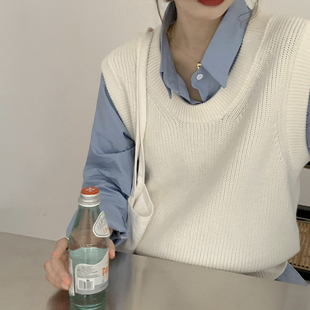 2025春秋新款宽松短款套头白色圆领羊绒马甲背心女无袖毛衣坎肩