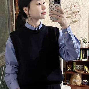减龄百搭黑色圆领羊绒马甲背心女春秋冬宽松短款 毛衣坎肩 针织大码