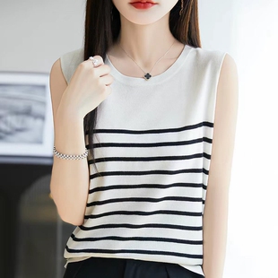 天丝黑白条纹圆领吊带背心女2026春夏薄款外穿西服内搭无袖打底衫