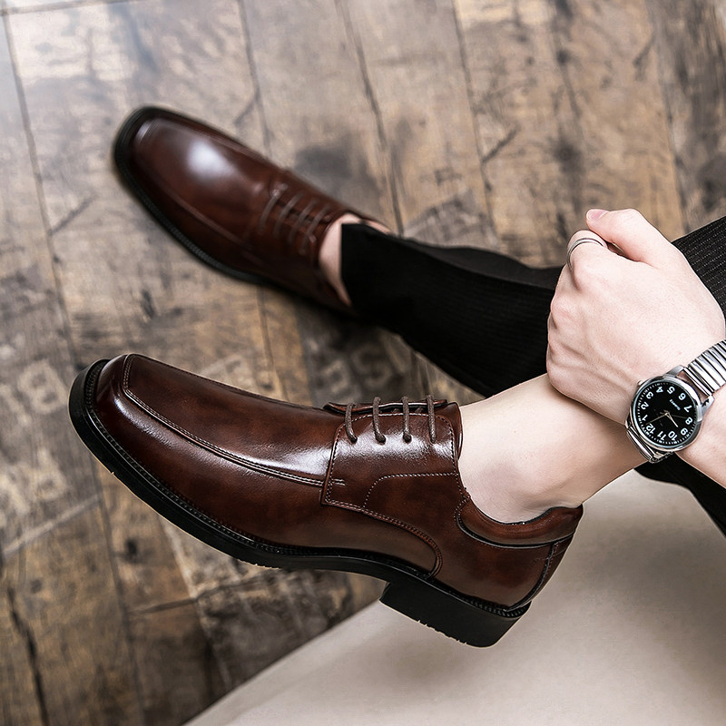 夏季方头皮鞋男韩版英伦风内增高三接头商务休闲正装牛津鞋男鞋子