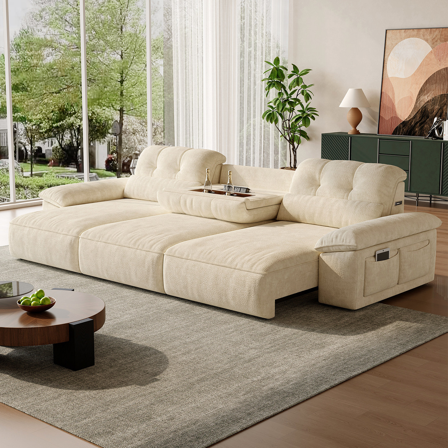 佐慕电动沙发床布艺奶油风客厅大户型多功能伸缩雪尼尔直排沙发,住宅家具,功能沙发,淘宝优惠券,粉丝福利购,淘宝优惠卷