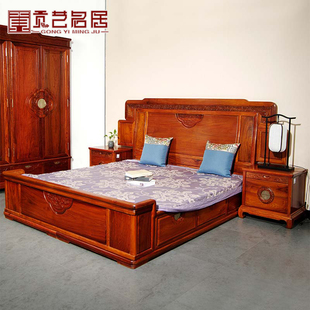 红木家具缅甸花梨木双人床全实木床榻卧室婚床大果紫檀中式 高低床